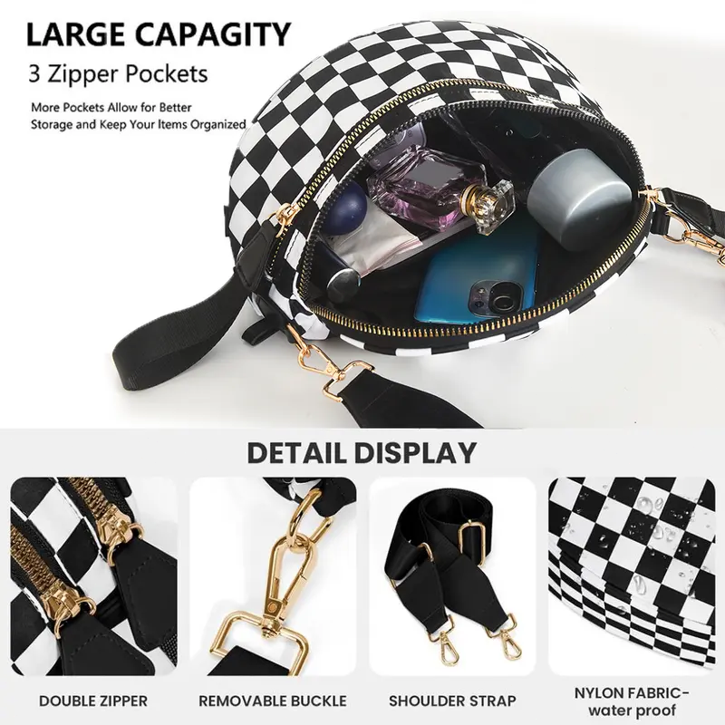 Women's Checkered Crossbody Bag, Large Capacity Nylon Shoulder Bag with Adjustable Strap for Everyday Essentials